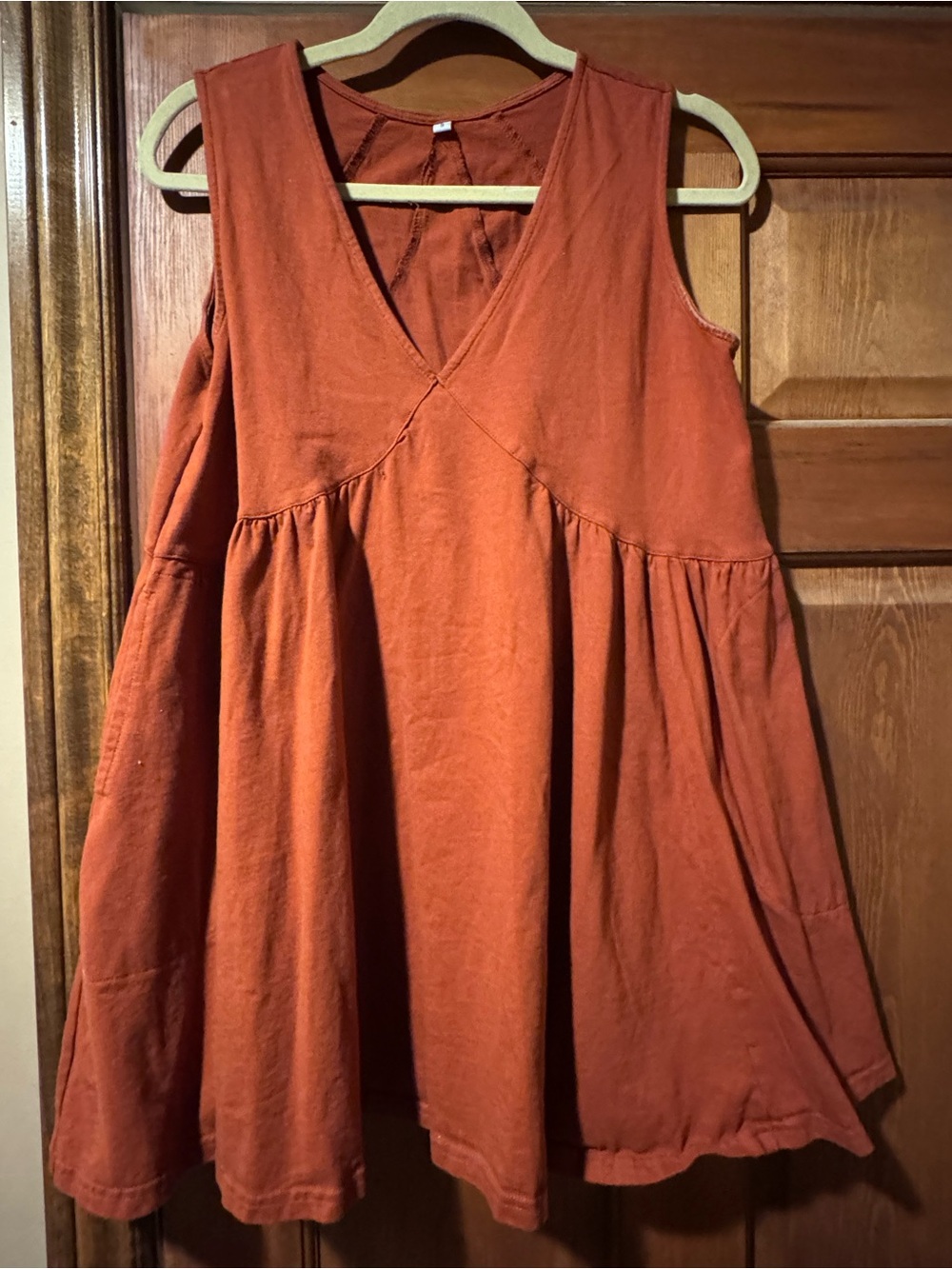 Sleeveless V-Neck Babydoll Tunic Dress in Rust Orange